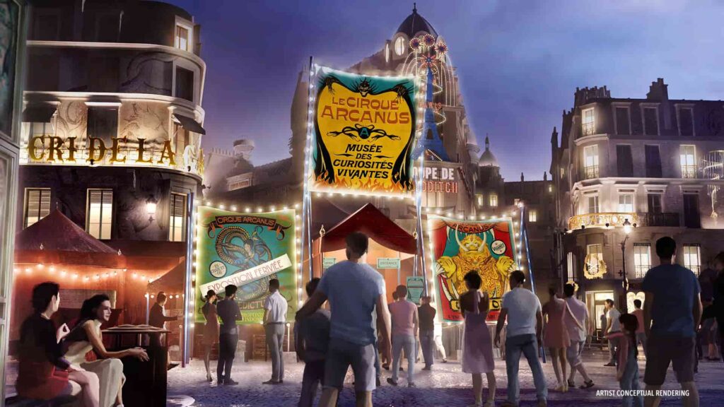 Imagem ilustrativa de como será a fachada do Le Cirque Arcanus no periodo da noite, totalmente iluminado, na área do Harry Potter e Animais Fantásticos, Ministério da Magia no Epic Universe da Universal Orlando em 2025. Le Cirque Arcanus será um show inspirado em Animais Fantásticos e Onde Habitam