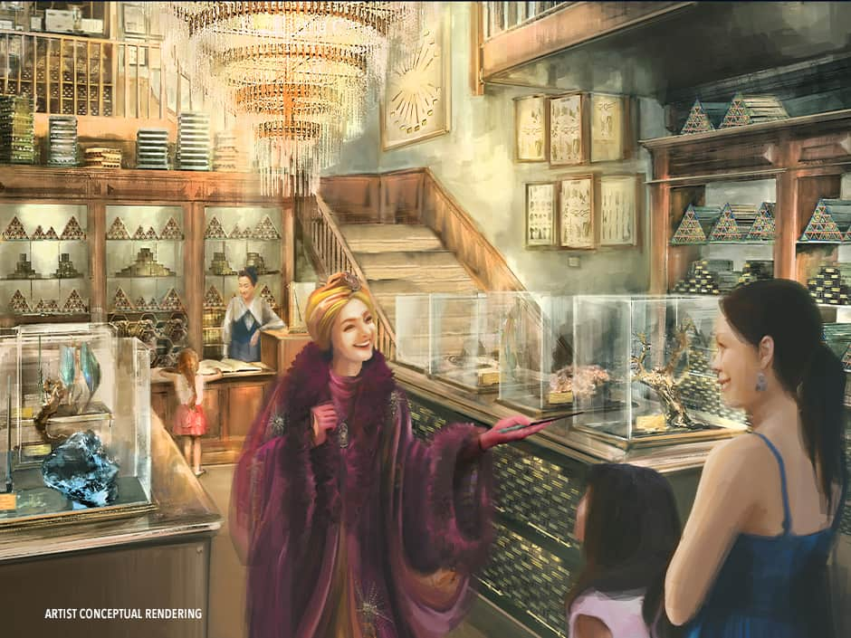 Imagem ilustrativa de como será o interior da loja Cosme Acajor Baguettes Magiques, onde será possível adquirir varinhas mágicas na nova área de Harry Potter no Wizarding World no Epic Universe da Universal Orlando que inaugura em 2025. É possível ver uma mulher muito bem vestida escolhendo uma varinha dentre as muitas opções. O Local é amplo e iluminado, com um lustre elegante, dois andares e muita organização