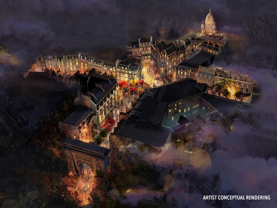 Vista área de como será a nova área "Ministério da Magia" de wizarding world of Harry Potter no novo parque da Universal Orlando que inaugura em 2025, o Epic Universe. É possível ver uma área bem iluminada com ruas estreitas e prédios altos, como Paris dos anos 20, que é retratado aqui