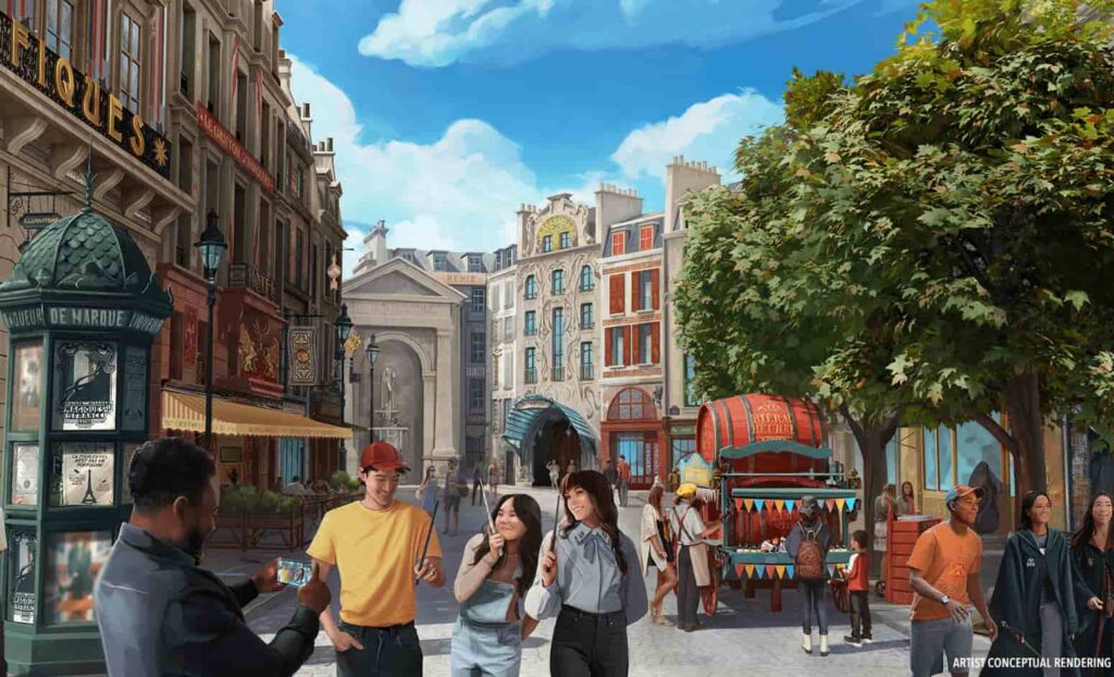 Imagem ilustrativa de como serão as ruas da Paris dos anos 20 de Harry Potter Ministry of Magic no Epic Universe, novo parque da Universal Orlando que inaugura em 2025. Podemos ver árvores, carros antigos e construções típicas da cidade em suas ruas estreitas