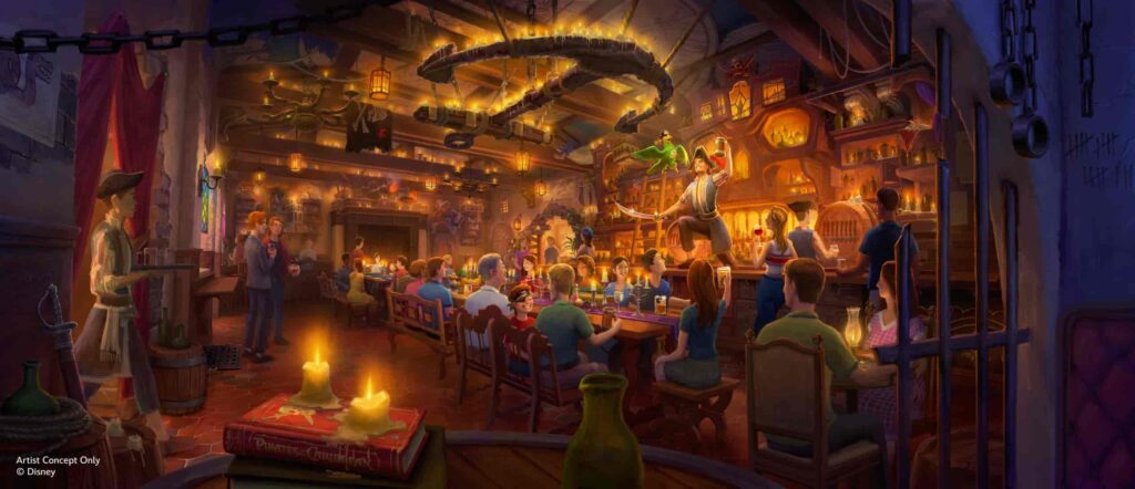 Imagem ilustrativa de como será a taverna dos piratas, lounge no parque temático Magic Kingdom na Disney World, que mostra um pirata se apresentando com um papagaio e uma espada na mão, em cima do bar, um lustre em formato de ancora, muitas velas para compor a iluminação, crianças fantasiadas de pirata e muitas pessoas se divertindo