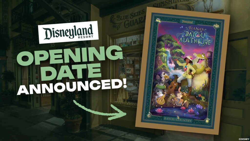 Figura mostra um poster onde podemos ver a Princesa Tiana, Louie e seus outros amigos tocando música em frente ao pântano, cenário da atração Tiana's Bayou Adventure, que já existe em Disney World Orlando, e agora será inaugurada também na Disneyland Califória