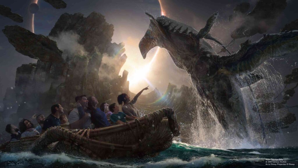 Imagem ilustrativa mostra pessoas se divertindo em um barco, que passa por cenários do filme Avatar Caminhos da Água, inspiração para nova área do parque Disneyland Resort, enquanto um animal do filme pula para fora da água, surpreendendo a todos