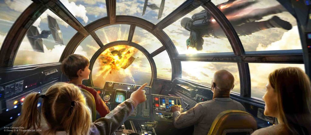 ilustração mostra passageiros de todas as idades brincando na atração Millennium Falcon Smugglers Run de Star Wars Land, e de dentro da nave eles podem visualizar naves da primeira ordem explodindo e o mandaloriano voando com o grogu, também conhecido como baby yoda