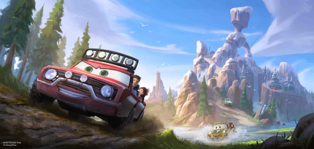 Imagem ilustrativa da nova atração do filme carros, em sua nova área que será inaugurada no Magic Kingdom, parque da Disney World Resort. É possível ver um carro em evidência, que parece determinado a ganhar a corrida, enquanto seus passageiros se divertem. Mais ao fundo podemos ver outros carros que participam da corrida e passam pelo trajeto nas montanhas e até mesmo no rio