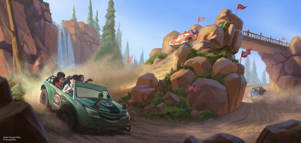 Ilustração artística da futura atração de carros que vai compor na nova área do filme que ficará em disney world no parque magic kingdom. é possível ver montanhas, cachoeira, pontes e carros percorrendo o percurso incrível enquanto os visitantes se divertem