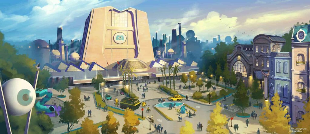 imagem conceitual de como será a futura nova área monstrópilis de mosntros s.a. no hollywood studios em orlando. é possível ver a entrada da empresa onde mike e sulley trabalham, e inclusive os personagens estão em frente, recepcionando os visitantes. há no canto um escorregador, e também podemos ver carros e agentes da CDA