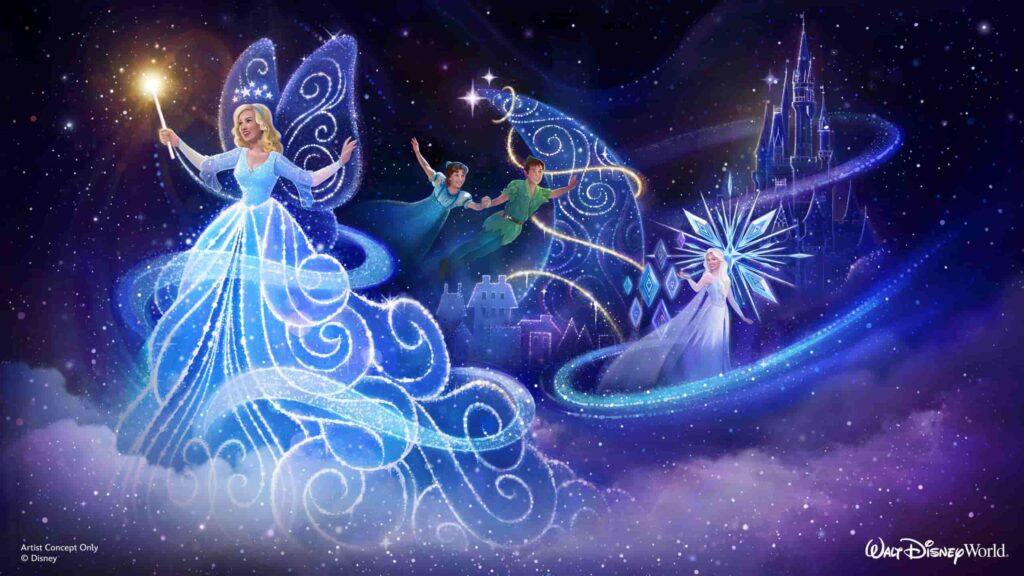 Nesse outro carro alegórico ilustrando o novo desfile noturno da Disney World que acontecerá a partir de 2025 no Magic Kingdom, podemos ver o castelo da Cinderela ao fundo e personagens como Peter Pan e Wendy, Fada Azul do Pinoquio e Elsa de Frozen, todos iluminados