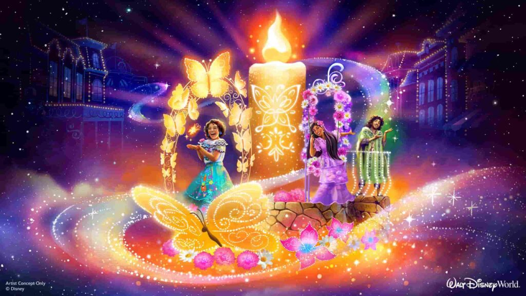 Em detaque nessa imagem ilustrativa da nova parada noturna da Disney, temos Mirabel, Isabela e Bruno, membros da família Madrigal em um carro alegórigo iluminado por uma vela, símbolo que dá vida a magia da Casita no filme Encanto, e muitas borboletas, também presentes no filme. Eles estão em meio a Main Street, rua principal, na entrada do parque Magic Kingdom, na Disney World Resort