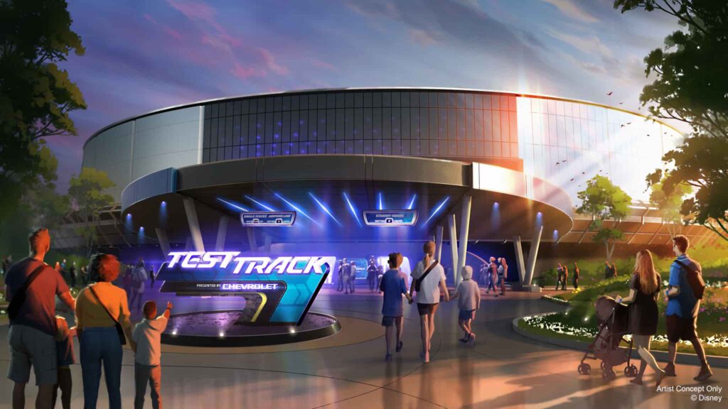 Imagem ilustrativa de como será a nova entrada da atração test track que está sendo reimaginada no parque epcot, da disney world