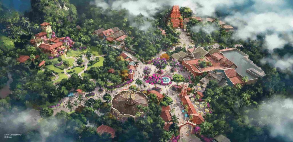 arte conceitual de como será a futura nova área do parque animal kingdom em walt disney world resort florida, onde hoje é a área dinoland usa. podemos ver uma piramide maia de um lado, e a casita do filme encanto de outro, representando as américas tropicais, além de árvores coloridas, fonte e o carrossel.