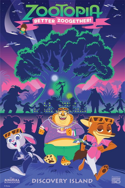 poster mostra nova atração do parque temático animal kingdom da disney world. nele podemos ver a árvore da vida como palco do show da gazelle, e personagens do filme zootopia correndo a frente com óculos 3D, enquanto outros animais estão curtindo o show ao fundo