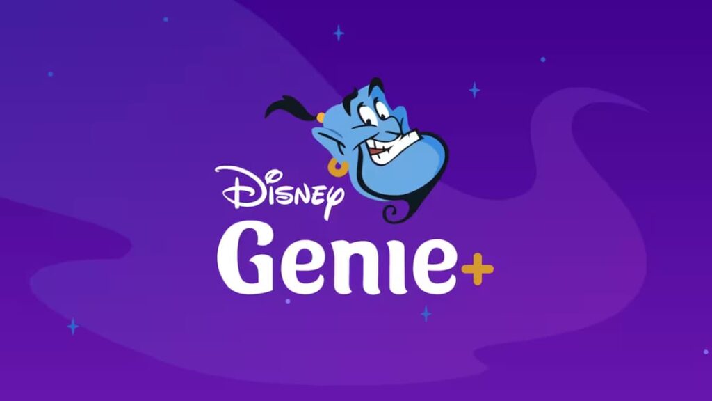 imagem que mostra o rosto do gênio do filme Aladim, também símbolo do serviço Disney Genie. Na imagem tem a escrita Disney Genie+ e o fundo é roxo com estrelas azuis