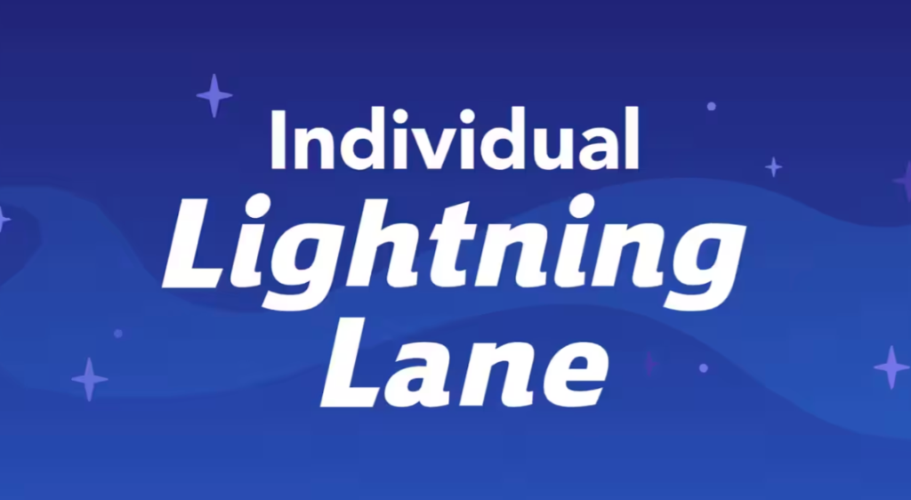 Imagem ilustrativa com fundo azul com estrelas e escrito Individual Lightning Lane