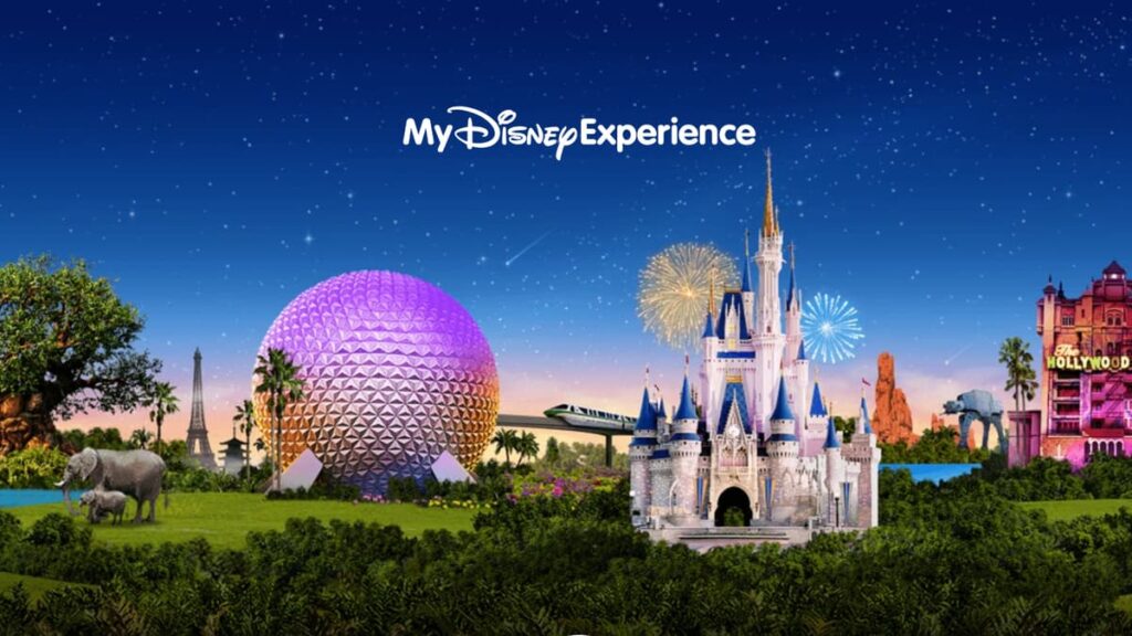 Imagem onde está escrito My Disney Experience, com um céu estrelado ao fundo e em destaque temos o castelo da Cinderela com fogos de artifício. Tem também os símbolos dos outros parques de Walt Disney World Resort, que são a Spaceship Earth, a Árvore da Vida e a Torre do Terror. É possível ver também outras coisas que fazem alusão aos parques como elefantes, ao Animal Kingdom, a torre Eiffel e o monorail no Epcot, a montanha russa Big Thunder Mountain Railroad no Magic Kingdom, At At de Star Wars em Hollywood Studios.