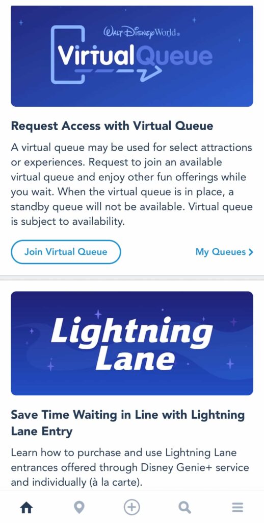 Print da tela de celular no app My Disney Experience que mostra as funcionalidades de Fila Virtual e Fura Filas Lightning Lane