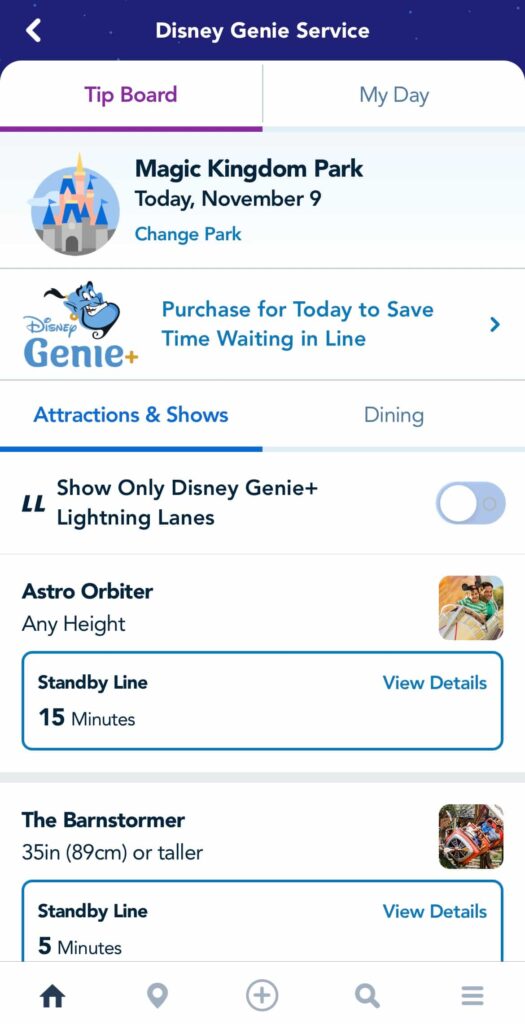 Print da tela de celular no app My Disney Experience, da Disney World, que mostra a interface com tempos de fila no parque Magic Kingdom e a opção de comprar o Genie+ para o dia