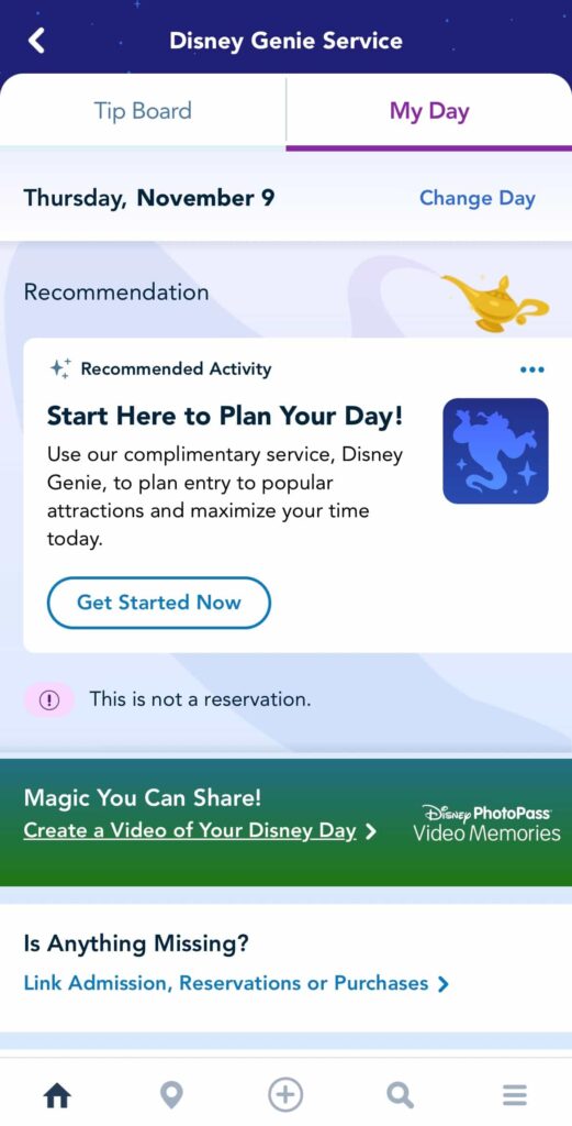 Print da tela de celular no aplicativo My Disney Experience que mostra os planos para dia que podem ser feitos pelo app