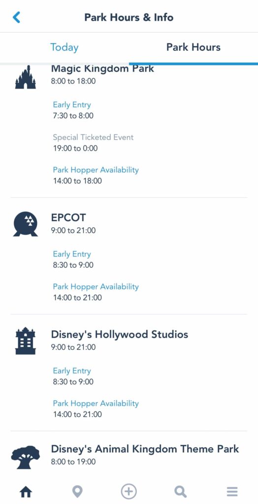 Print da tela de celular no app My Disney Experience que mostra os horários de funcionamento, abertura e fechamento, entrada antecipada para hóspedes do Resort Disney e em qual horário e possível fazer o park Hopper para cada um dos parques, Magic Kingdom, Epcot, Hollywood Studios e Animal Kingdom
