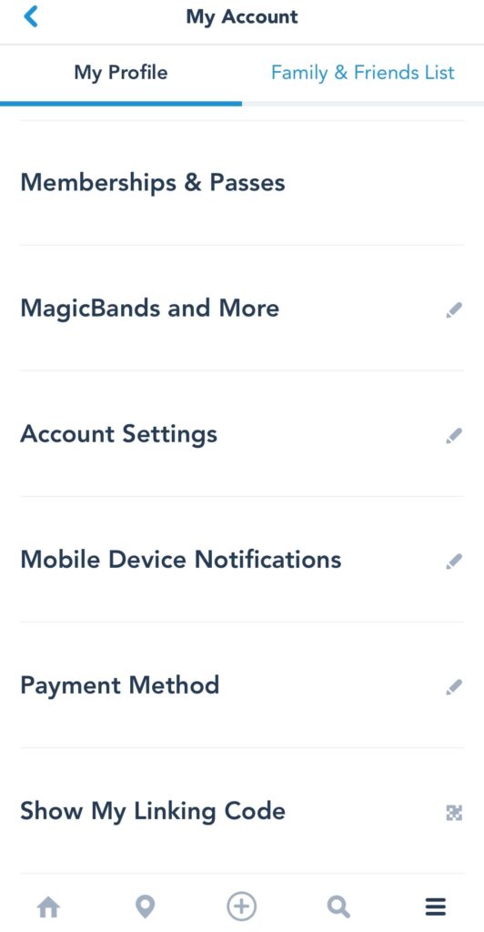 Print da tela do app My Disney Experience no celular, que mostra algumas das funções disponíveis, como ingressos, magicbands, configurações, notificações, métodos de pagamento...