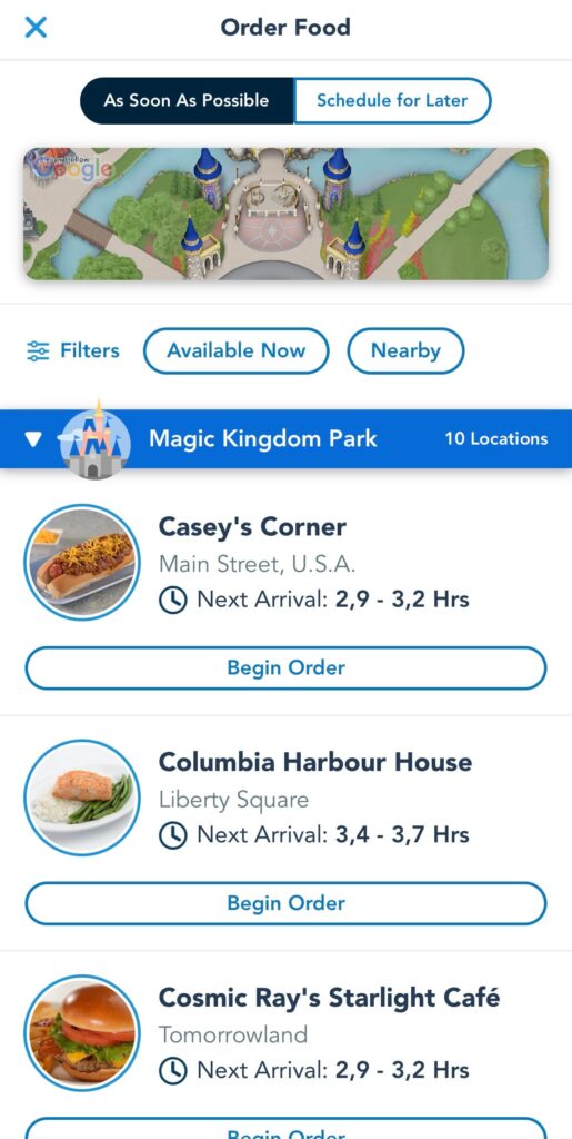 Print da tela de celular no aplicativo My Disney Experience, que mostra a seção de pedir comida através do app evitando filas