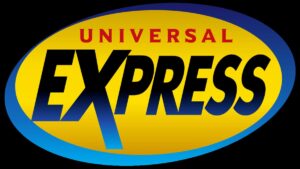 Imagem de fundo preto onde é possível ver uma elipse amarela de bordas azuis escrito Universal Express, fazendo referência ao serviço de fura filas da Universal Studios Orlando