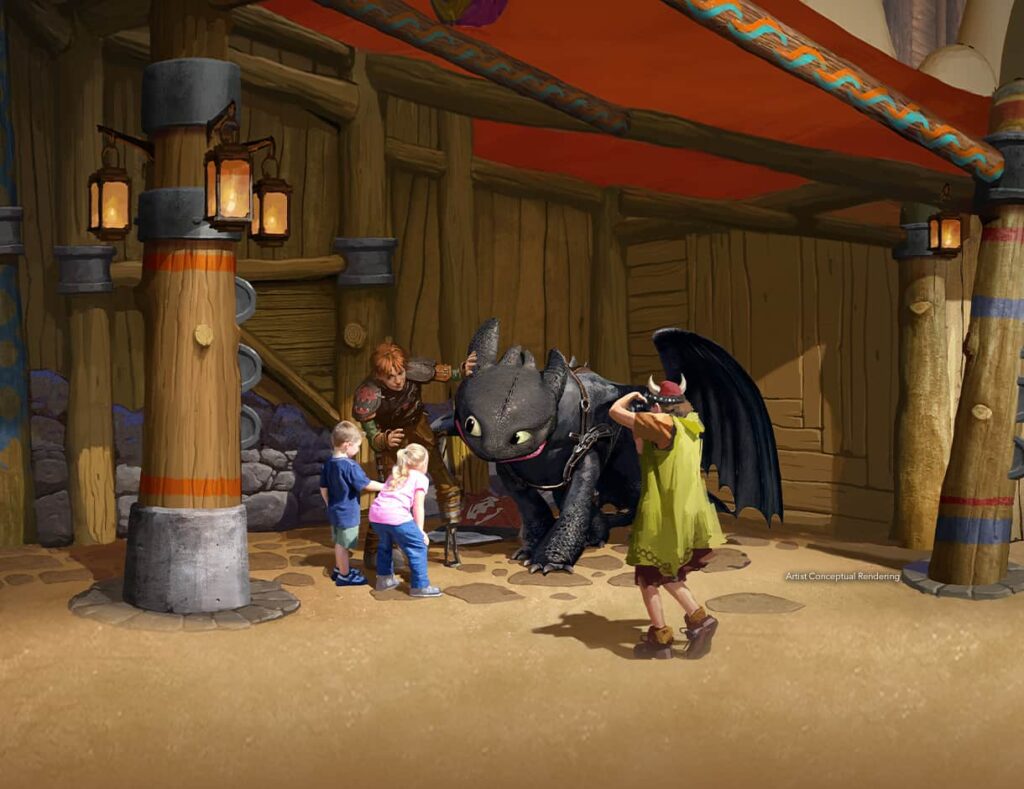 imagem ilustrativa que mostra como será o encontro com o dragão banguela na área de como treinar o seu dragão no futura parque epic universe da universal orlando. podemos ver um fotógrafo registrando o momento de uma família que acaricia o dragão, que está acompanhado de seu fiel amigo soluço