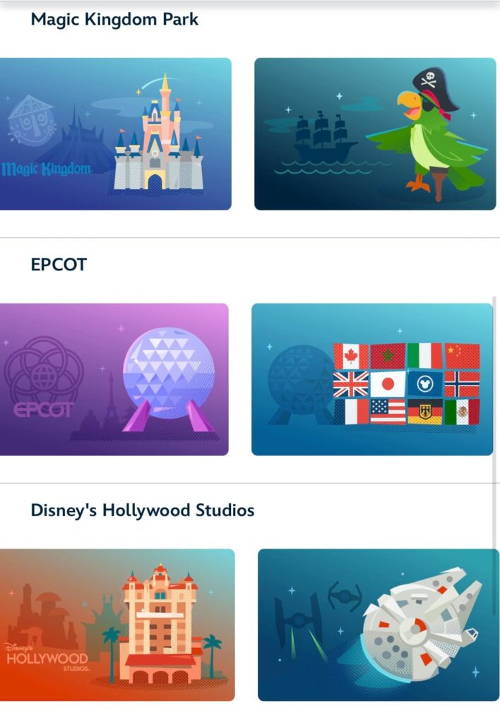 Imagem ilustrativa de ingressos para os parques temáticos de walt disney world resort em Orlando. Possui um ingresso virtual com o desenho do castelo da cinderela em destaque, ao fundo tem a montanha russa space mountain e ainda possui no canto o simbolo da atração it's a small world. outro ingresso virtual que vemos tem um papagaio em destaque e um barco ao fundo, lembrando a atração pirate's of caribbean. temos ainda dois ingressos virtuais para o epcot, onde no primeiro vemos a spaceship earth em destaque, ao lado do simbolo do parque e bem ao fundo a silhueta da torre eiffel, no outro, temos a bola do epcot e badeiras dos países do world showcase, canada, marrocos, italia, china, reino unido, japão, noruega, frança, alemanha e méxico, além de uma bandeira com o Mickey no meio. por fim temos duas versões de ingressos digitais para o hollywood studios, onde na primeira temos o desenho da atração the twilight zone tower of terror ao lado da silhueta de star wars land e na outra versão temos a millennium falcon em destaque junto de dois destroyers ao fundo.