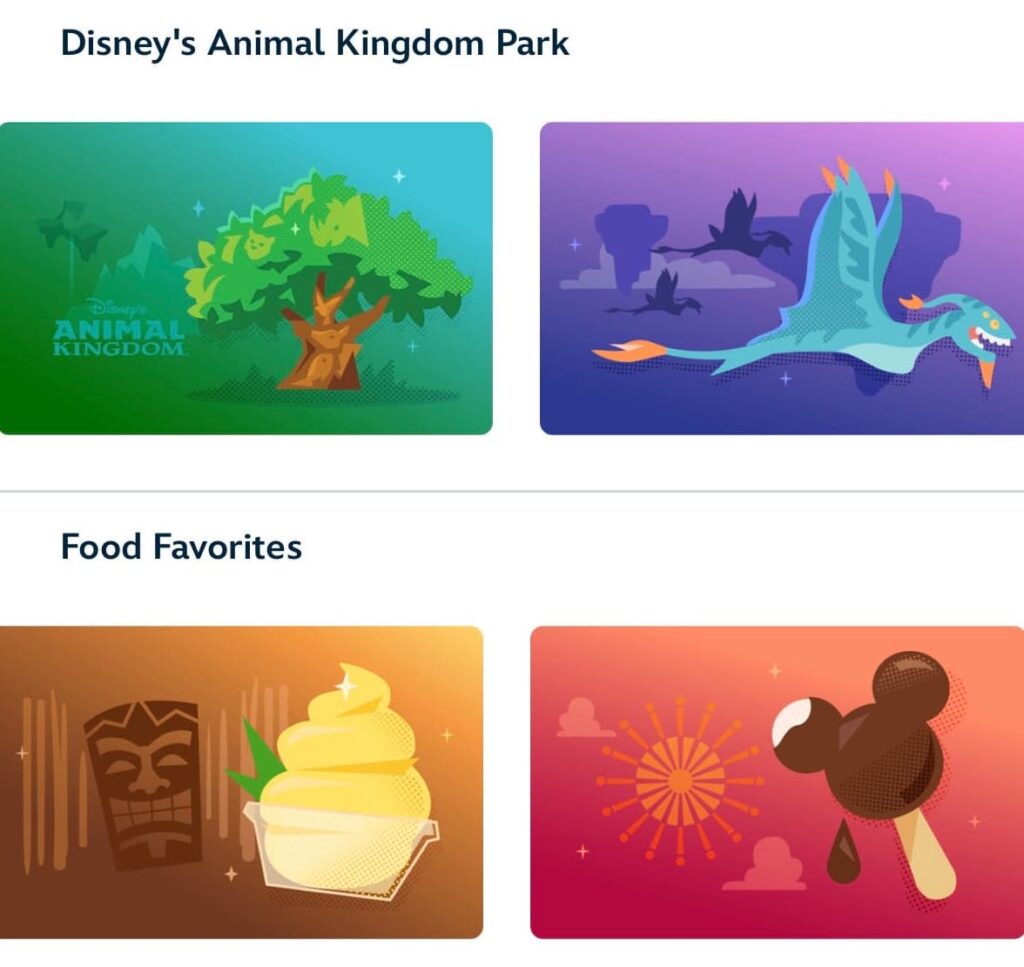 imagem ilustrativa de ingressos virtuais para usar na apple wallet ou apple watch quando for visitar a walt disney world. primeiro temos duas versões de ingressos para o parque animal kingdom, sendo uma com a arvore da vida em destaque e ao fundo podemos ver a silhueta da montanha russa expedition everest, e na outra versão temos um banshee em destaque voando mais a frente, enquanto ao fundo temos mais dois banshees voando por pandora. temos também duas verões de ingressos que fazem menções aos famosos snacks da disney, sendo um o dole whip e o outro o mickey ice cream bar