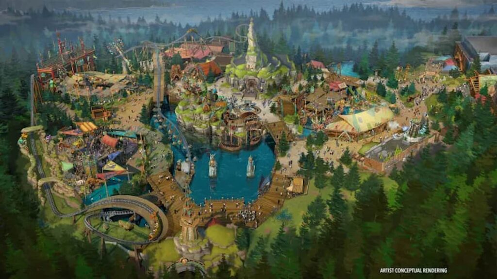 Imagem de conceito artístico da área de como treinar o seu dragão no futuro parque da Universal Orlando, Epic Universe. Mostra um lago ao centro, uma longa montanha russa, playground infantil no canto esquero, atração de voo, pontes, e floresta ao redor da área.