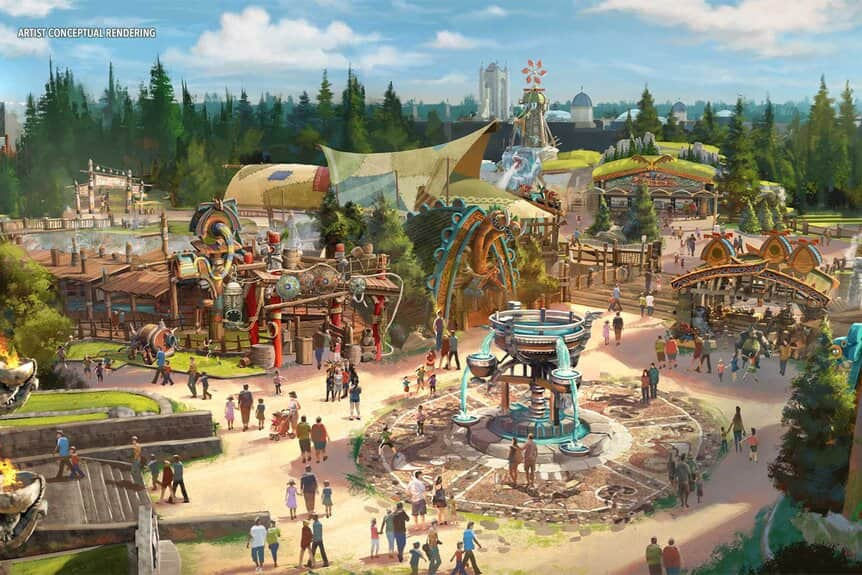 imagem ilustrativa conceitual de como será a nova area de como treinar o seu dragão no parque epic universe que inaugura em 2025 em orlando.  podemos ver uma fonte em formato de taça bem ao centro. 