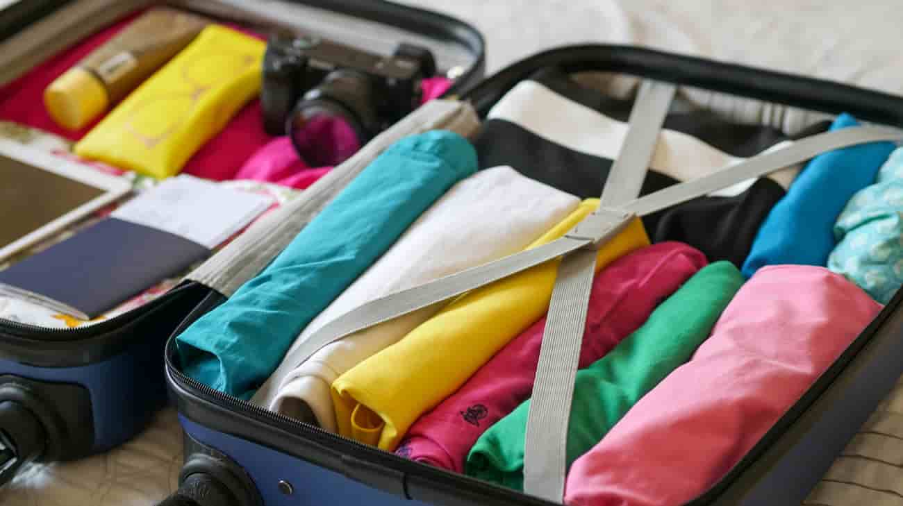 Mala com várias roupas coloridas dentro, dobradas e organizadas, pronta para fechar e viajar. Possui também uma máquina fotográfica para registrar a viagem