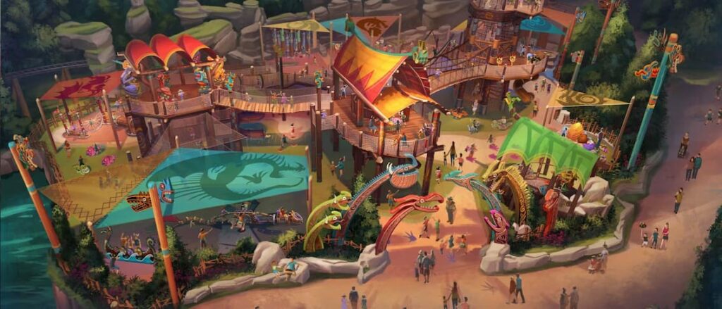 imagem que mostra o conceito artístico de como será o playground da area como treinar o seu dragão no epic universe, na entrada podemos ver diversas cabeças de diferentes dragões, é possível ver também muitas cabanas, pontes que poderão ser exploradas