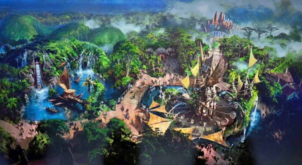 Imagem de arte conceitual de como potencialmente seira a area de Moana e Zootopia no Animal Kingdom