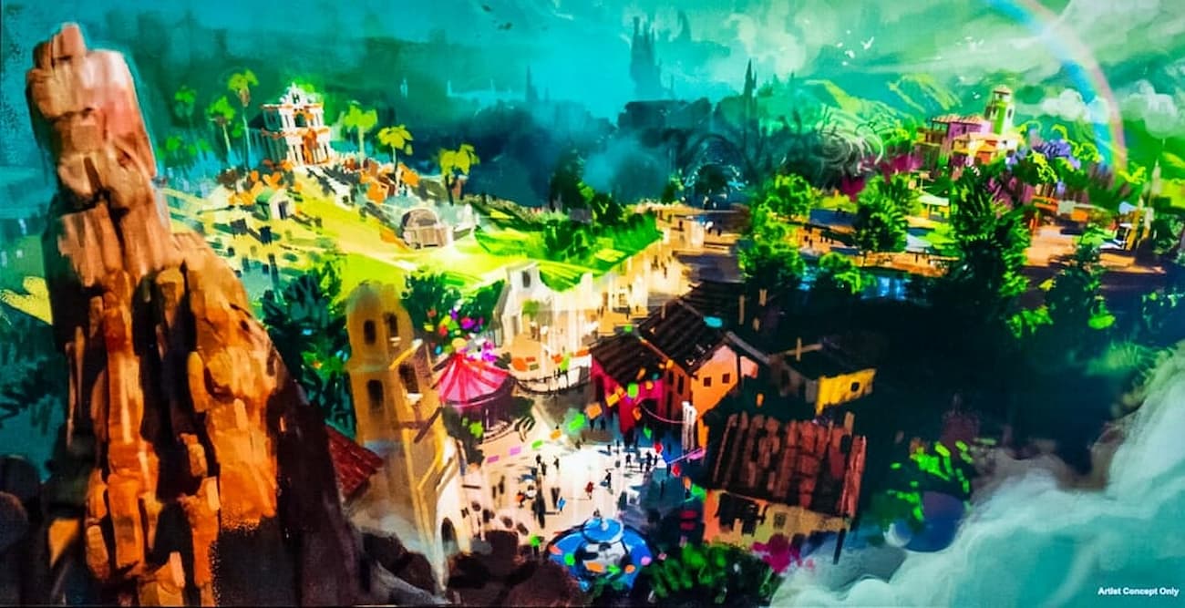 imagem de arte conceitual da possível expansão do parque Magic Kingdom, beyond big thunder mountain será uma ampliação do parque que ficará atrás da montanha russa big thunder mountain railroad e poderá contar com uma área de viva a vida é uma festa e encanto e até mesmo vilões podem aparecer por aqui