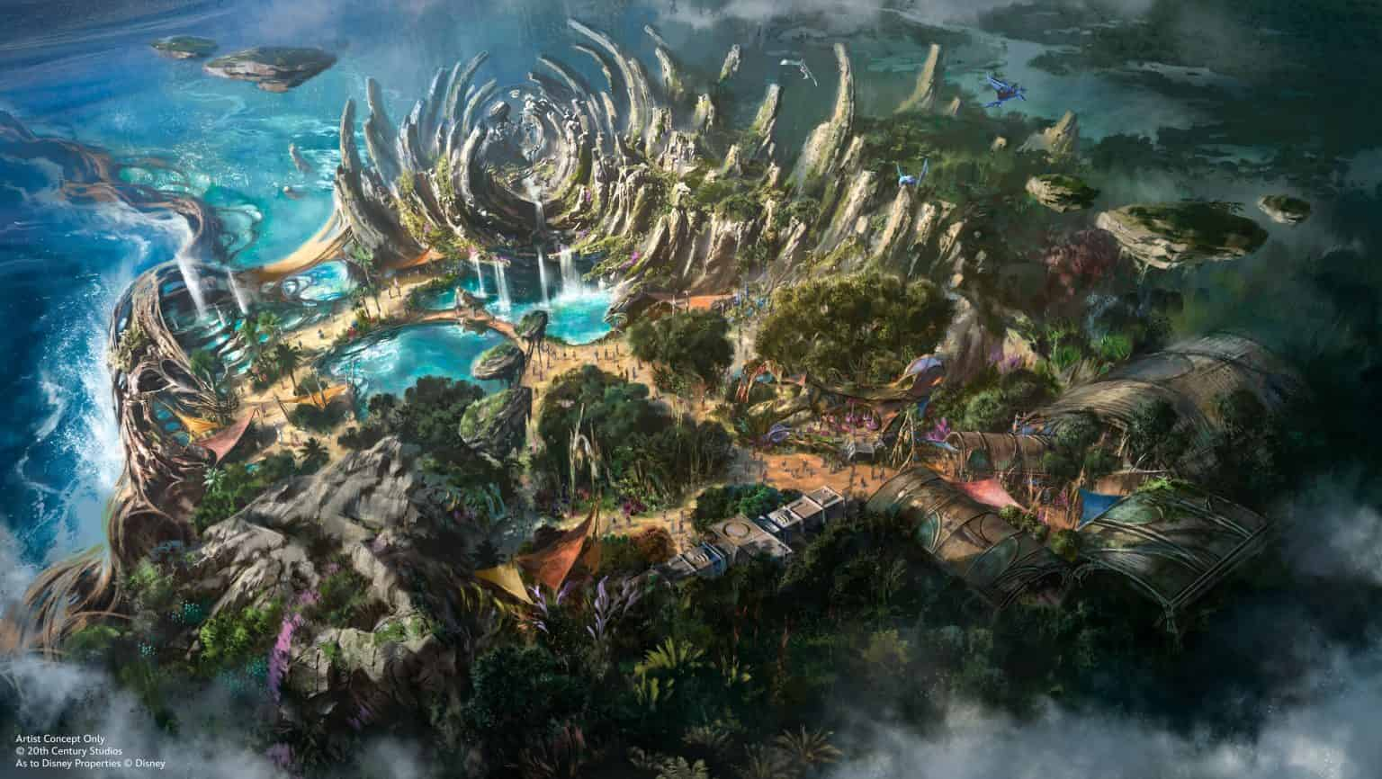 Imagem ilustrativa mostra Pandora, nova área de Avatar, que vai retratar o segundo filme da franquia, Journey of Water, e por isso, possui, lagos, e até mesmo uma baía, além das tradicionais terras flutuantes que já estamos acostumados