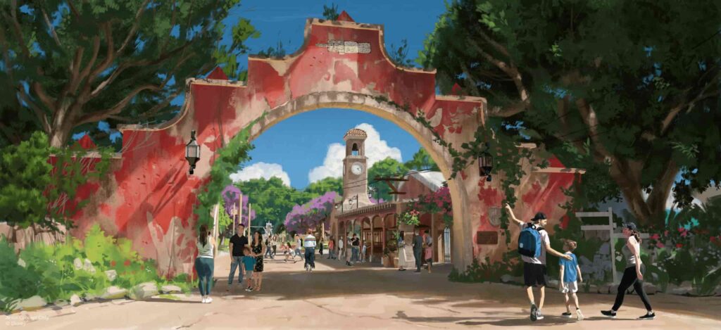 arte ilustrativa de como será a entrada da area tropical americas no animal kingdom, com um arco que dá para uma rua com construções tipicas da américa central mais antiga