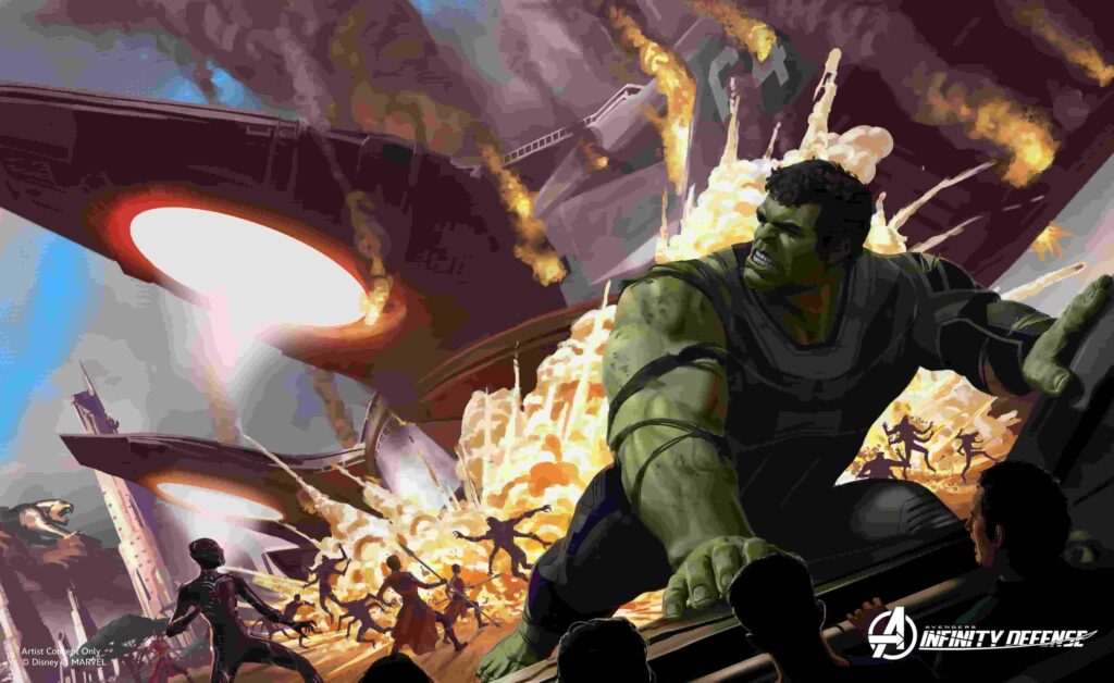 Na conceituação artística da futura atração na expansão do Avengers Campus na Disneyland da California, podemos ver o Incrível Hulk ao lado de pessoas de Wakanda, contra diversos monstros, em um cenário apocalítico e em chamas